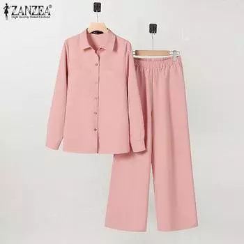 ZANZEA Женская блузка с длинными рукавами и брюки повседневные комплекты из двух предметов S белый
