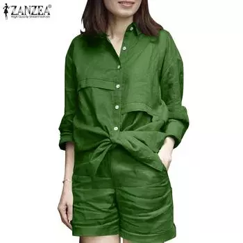 ZANZEA Женская блузка с длинными рукавами и шорты, летний комплект из двух предметов S зелёный