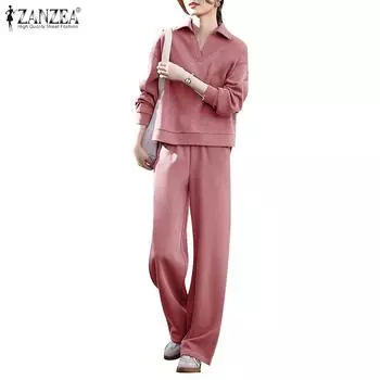 ZANZEA Женская блузка с длинными рукавами и брюки повседневные комплекты из двух предметов M розовый