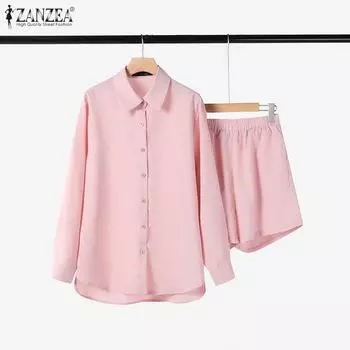 ZANZEA Женская блузка с длинными рукавами и шорты повседневные комплекты из двух предметов S розовый