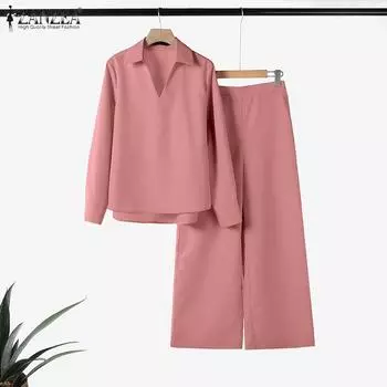 ZANZEA Женская блузка с длинными рукавами и брюки повседневные комплекты из двух предметов S тёмно-синий