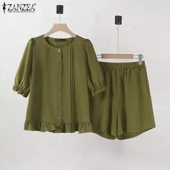 ZANZEA Женская блузка с коротким рукавом и шорты Летние комплекты из двух предметов 3XL зелёный