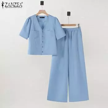 ZANZEA Женская блузка с короткими рукавами и брюки повседневные комплекты из двух предметов