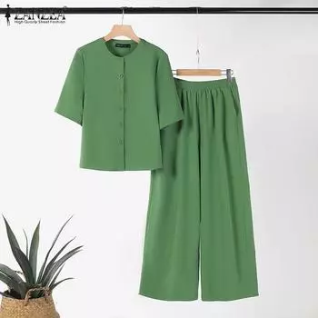 ZANZEA Женская блузка с короткими рукавами и брюки повседневные комплекты из двух предметов 3XL синий