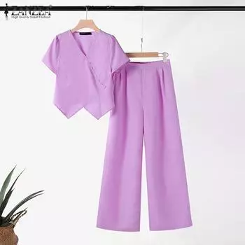 ZANZEA Женская блузка с короткими рукавами и брюки повседневные комплекты из двух предметов S темно-синий