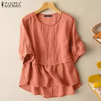 ZANZEA Женская блузка с круглым вырезом и рукавами 3/4, однотонная свободная летняя хлопковая футболка #2