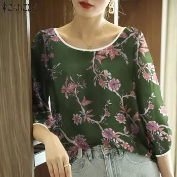 ZANZEA Женская блузка с круглым вырезом и рукавом 3/4 с цветочным принтом