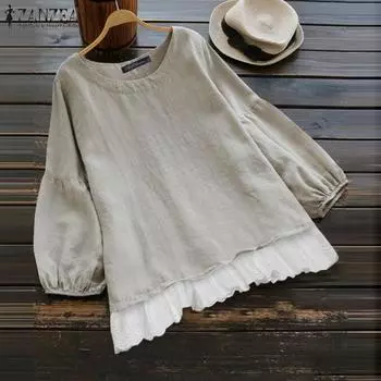 ZANZEA Женская блузка с круглым вырезом и длинным рукавом в стиле пэчворк S темно-синий