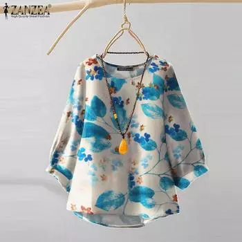 ZANZEA Женская блузка с круглым вырезом и рукавом 3/4 с принтом S жёлтый