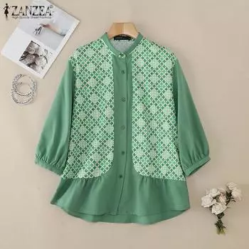 ZANZEA Женская блузка с круглым вырезом и рукавом 3/4 с принтом S зелёный