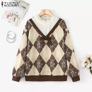 ZANZEA Женская блузка с круглым вырезом и длинным рукавом в стиле пэчворк M коричневый