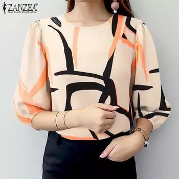ZANZEA Женская блузка с круглым вырезом и рукавом 3/4, свободная, летняя, с принтом S бежевый