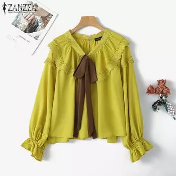 ZANZEA Женская блузка с круглым вырезом и длинным рукавом, свободная, повседневная, в стиле пэчворк S чёрный