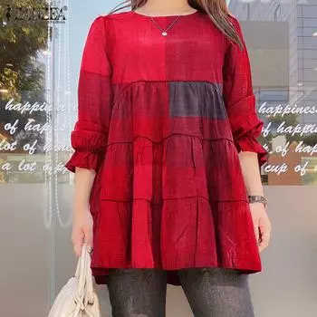 ZANZEA Женская блузка с круглым вырезом и длинными рукавами, клетчатые топы, летняя свободная повседневная футболка S вино красного