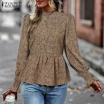 ZANZEA женская блузка с круглым вырезом, стоячим воротником, длинными рукавами, сборной талией, рюшами и леопардовым принтом