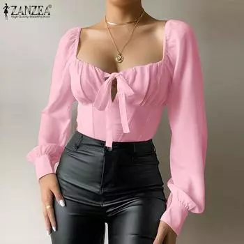 ZANZEA Женская блузка с квадратным вырезом и завязкой спереди, плиссированной талией и длинными рукавами