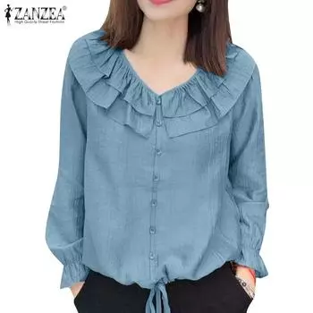 ZANZEA Женская блузка с оборками и круглым вырезом, длинным рукавом S розовый