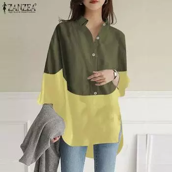 ZANZEA Женская блузка с отложным воротником и длинными рукавами в стиле пэчворк 4XL хаки