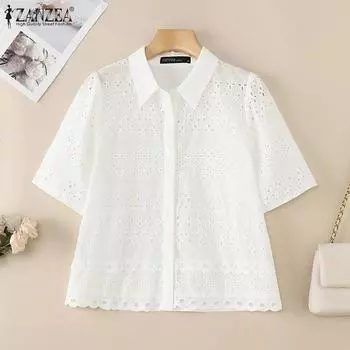 ZANZEA Женская блузка с отложным воротником и короткими рукавами, ажурное кружево, вязанное крючком S бежевый