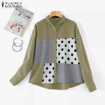 ZANZEA Женская блузка с отложным воротником и длинным рукавом в стиле пэчворк S зелёный