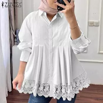 ZANZEA Женская блузка с отложным воротником и длинными рукавами, кружевная вязка крючком, пэчворк белый