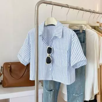 ZANZEA Женская блузка с отложным воротником, летняя, с коротким рукавом, в полоску синий
