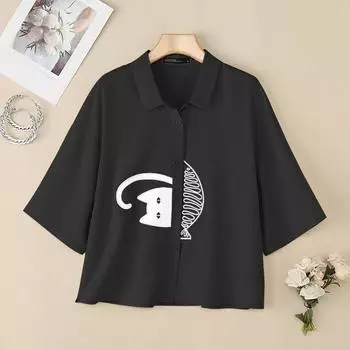 ZANZEA Женская блузка с отложным воротником, свободного кроя, с коротким рукавом и принтом S чёрный