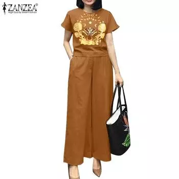 ZANZEA Женская блузка с принтом и брюки повседневный комплект из двух предметов 4XL