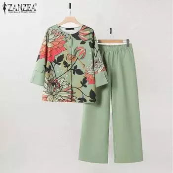 ZANZEA Женская блузка с принтом и брюки повседневный комплект из двух предметов M чёрный