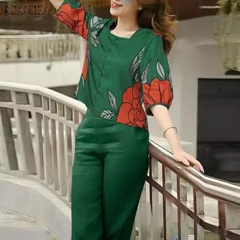 ZANZEA Женская блузка с принтом и брюки повседневные комплекты из двух предметов с брюками 4XL темно-синий