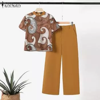 ZANZEA Женская блузка с принтом и брюки повседневные комплекты из двух предметов 3XL вино красного