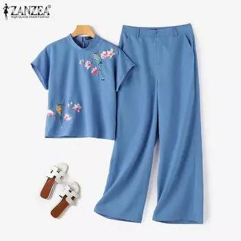 ZANZEA Женская блузка с принтом и брюки повседневный комплект из двух предметов 3XL белый