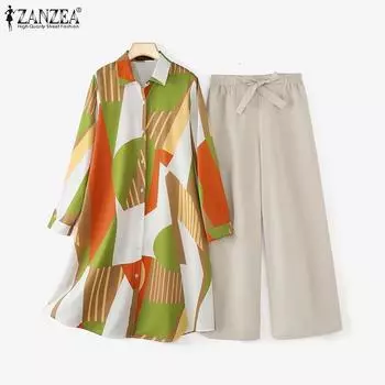 ZANZEA Женская блузка с принтом и брюки, повседневный комплект из двух предметов S оранжевый
