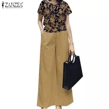 ZANZEA Женская блузка с принтом и широкие брюки повседневный комплект из двух предметов S чёрный