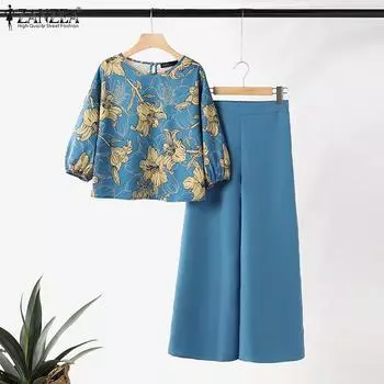 ZANZEA Женская блузка с принтом и широкие брюки повседневные комплекты из двух предметов S чёрный