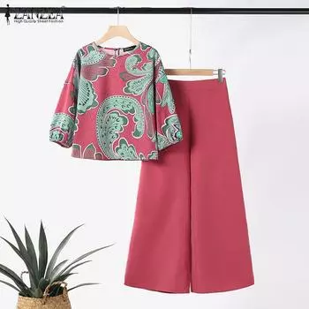 ZANZEA Женская блузка с принтом и широкие брюки повседневный комплект из двух предметов S розовый