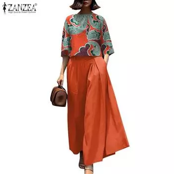ZANZEA Женская блузка с принтом и широкие брюки повседневные комплекты из двух предметов S розовый