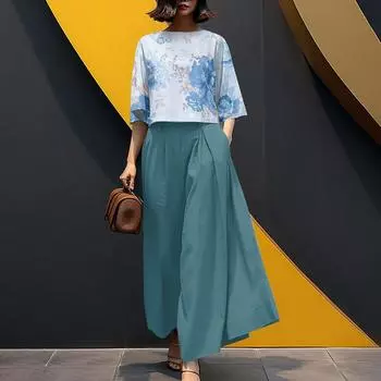 ZANZEA Женская блузка с принтом, рукавом 3/4 и широкими брюками, повседневный комплект из двух предметов S синий