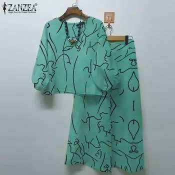 ZANZEA Женская блузка с рукавами 3/4 и брюки повседневный комплект из двух предметов с брюками