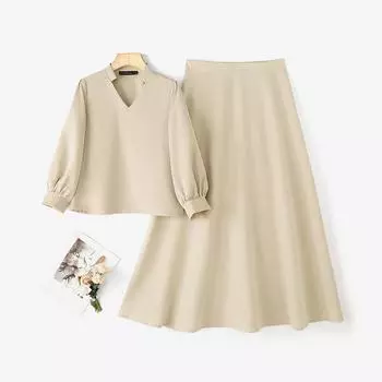 ZANZEA Женская блузка с рукавом 3/4 и юбки Летние костюмы-двойки S абрикосовый