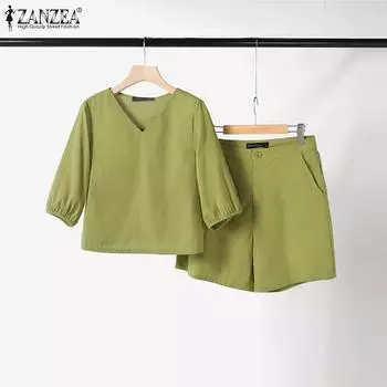ZANZEA Женская блузка с рукавом 3/4 и шорты повседневные комплекты из двух предметов