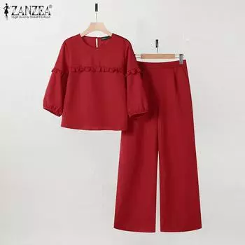 ZANZEA Женская блузка с рукавом 3/4 и брюки повседневные комплекты из двух предметов S красный