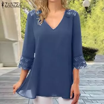 ZANZEA Женская блузка с рукавом 3/4, кружевные топы с вырезом и V-образным вырезом