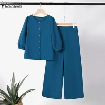 ZANZEA Женская блузка с рукавом 3/4 и брюки повседневные комплекты из двух предметов S чёрный