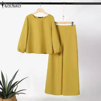 ZANZEA Женская блузка с рукавом 3/4 и брюки повседневные комплекты из двух предметов 3XL жёлтый