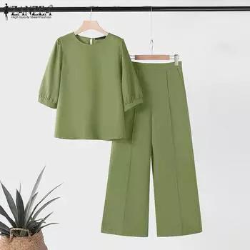 ZANZEA Женская блузка с рукавом 3/4 и брюки повседневные комплекты из двух предметов S синий