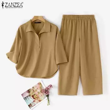 ZANZEA Женская блузка с рукавом 3/4 и брюки повседневные комплекты из двух предметов