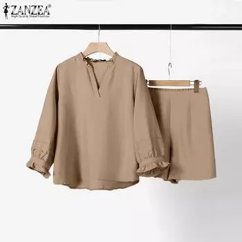 ZANZEA Женская блузка с рукавом 3/4 и шорты повседневные комплекты из двух предметов S ярко-розовый