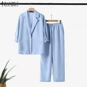 ZANZEA Женская блузка с рукавом 3/4 и брюки повседневные комплекты из двух предметов S чёрный