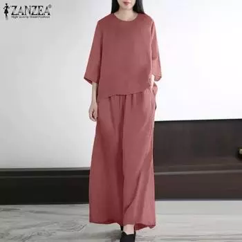 ZANZEA Женская блузка с рукавом 3/4 и брюки повседневные комплекты из двух предметов M серый